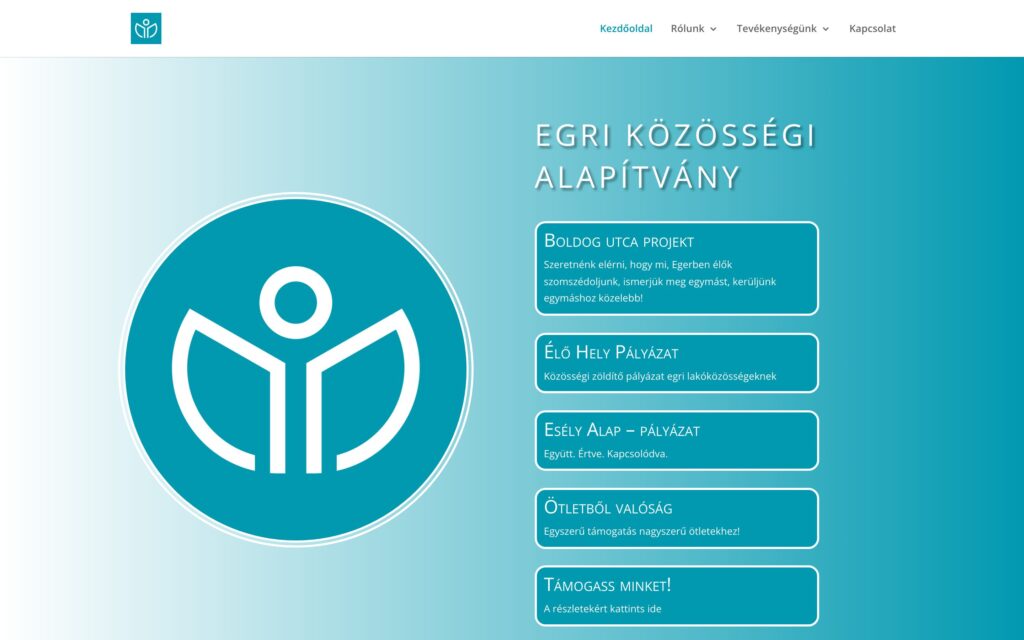 A(z) Egri Közösségi Alapítvány oldala asztali nézetben