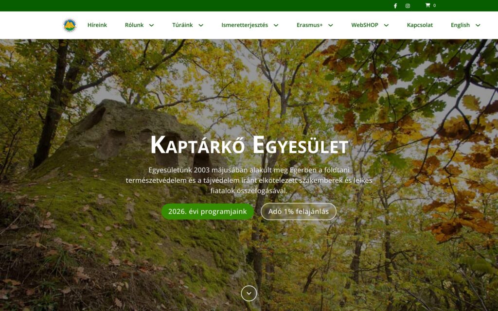 A(z) Kaptárkő Egyesület oldala asztali nézetben