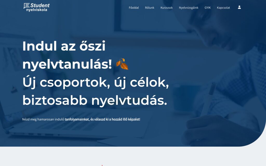 A(z) Student Nyelviskola oldala asztali nézetben