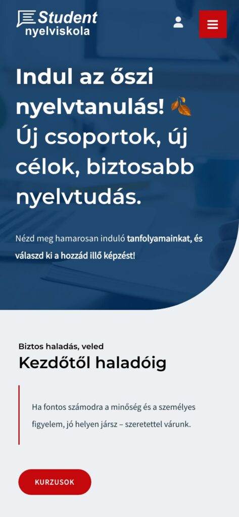 A(z) Student Nyelviskola oldala mobilon