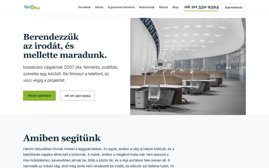 A(z) VariOffice oldala asztali nézetben