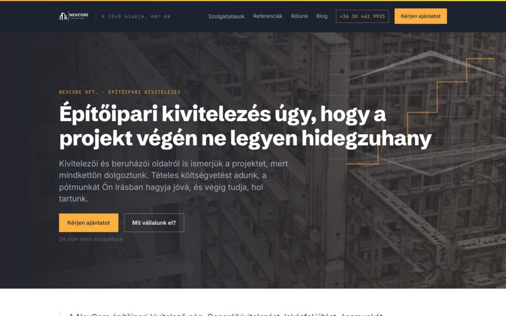NexCore generálkivitelező weboldal, amit a Vertical épített