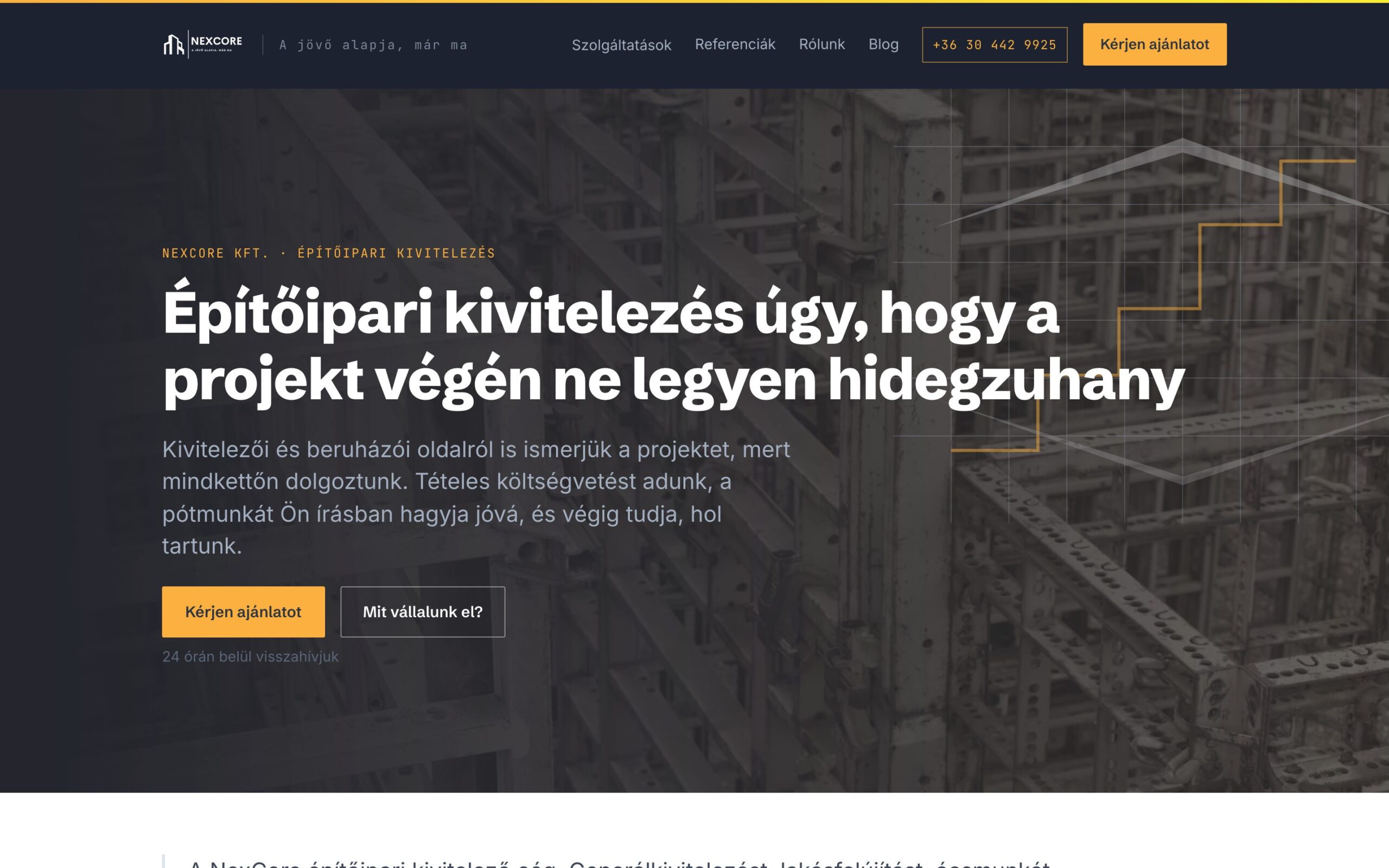 A NexCore főoldala asztali nézetben