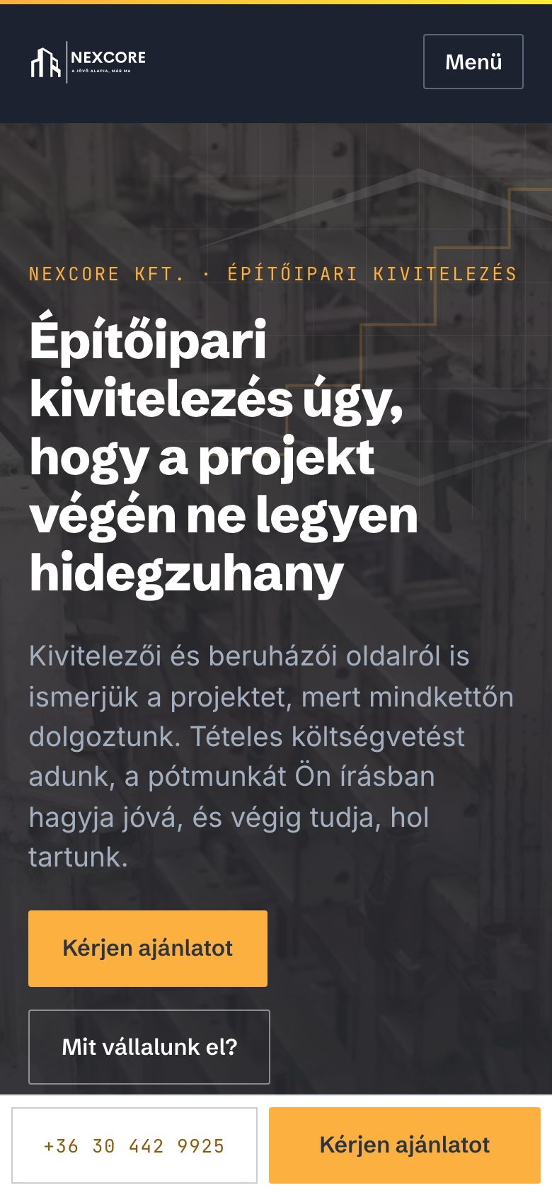 A NexCore főoldala telefonon