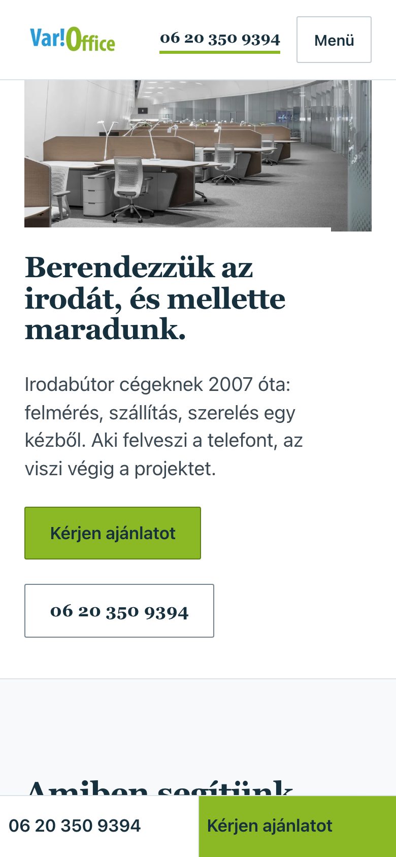 A VariOffice főoldala telefonon